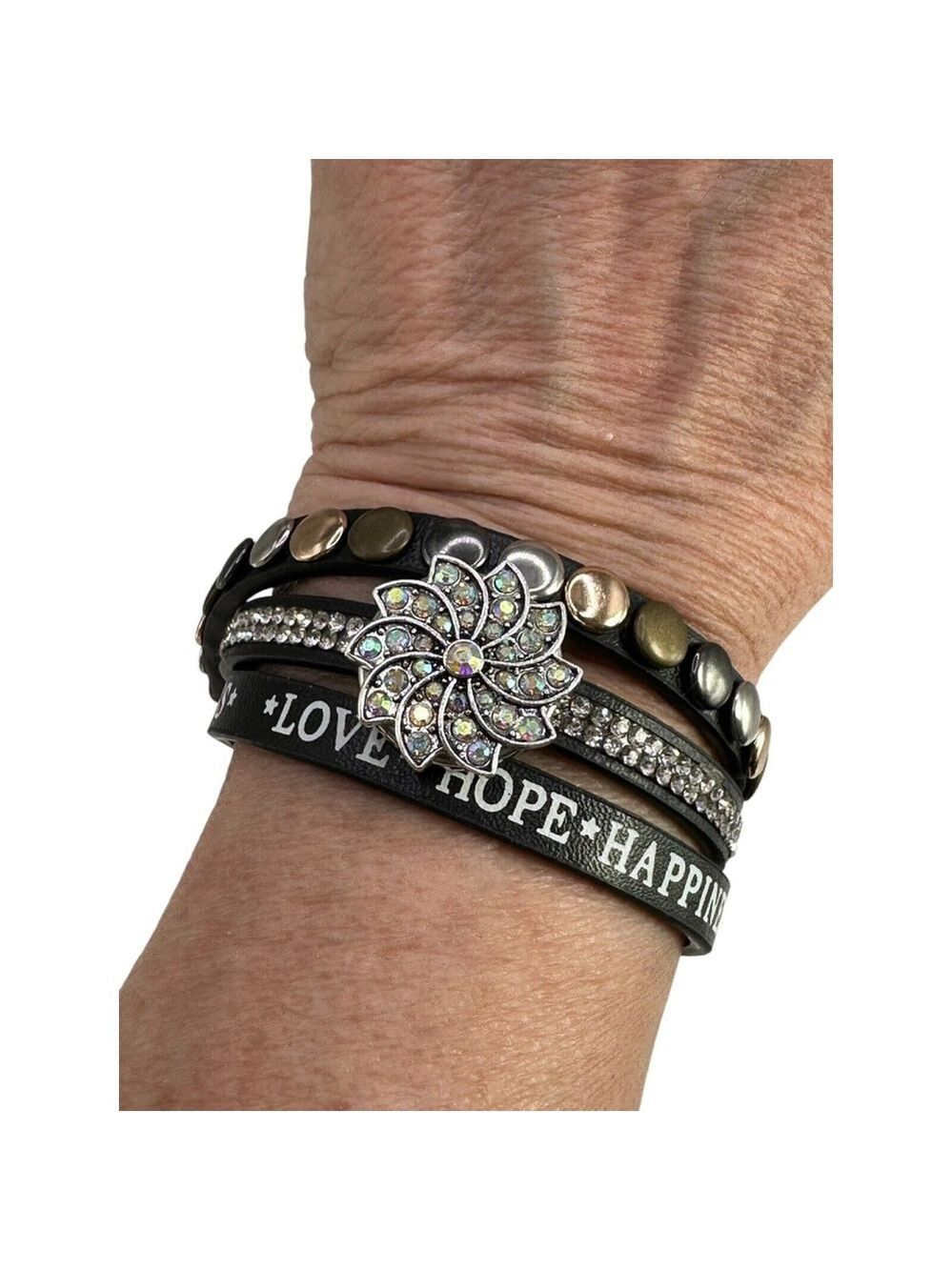 Snap Jewelry Black Leather Studded Sparkle Bracelet 18mm Iridescent Ginger Snap